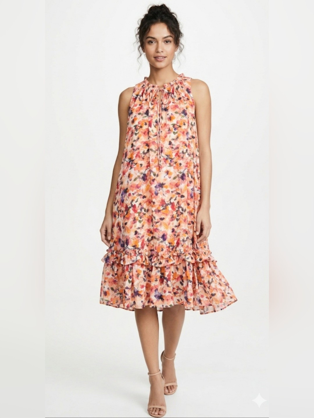 Catherine Malandrino Sleeveless Peach Floral Ruffle-Hem Dress,Size L8